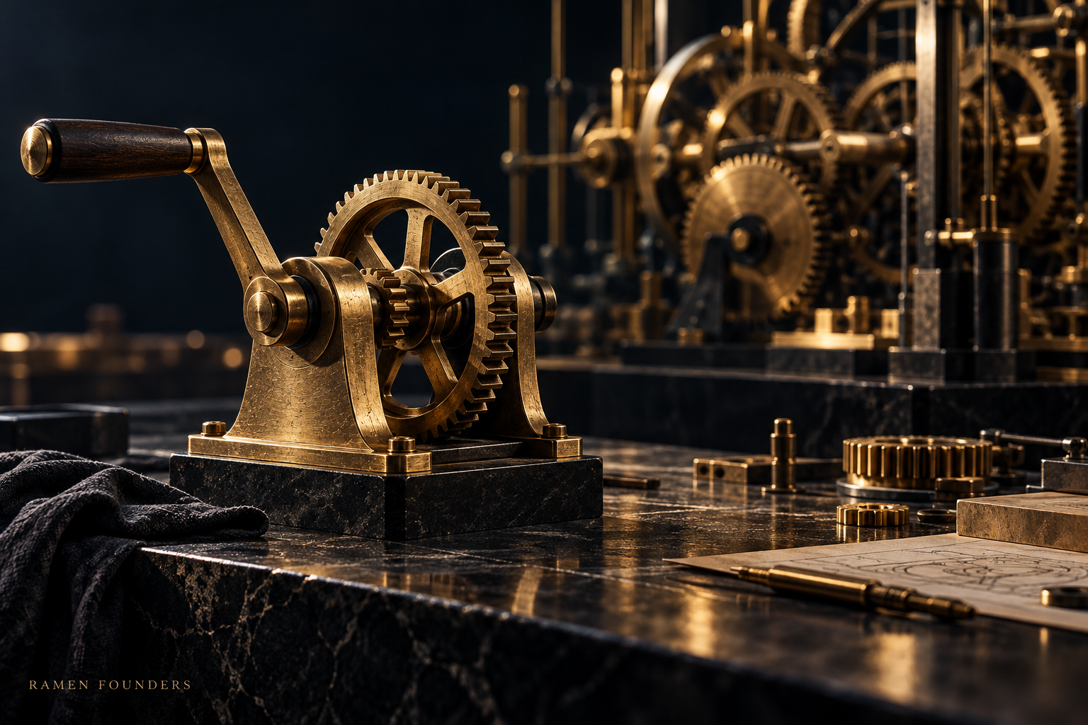 A gold hand-cranked mechanism stands in front of larger machinery, representing manual learning before automation.